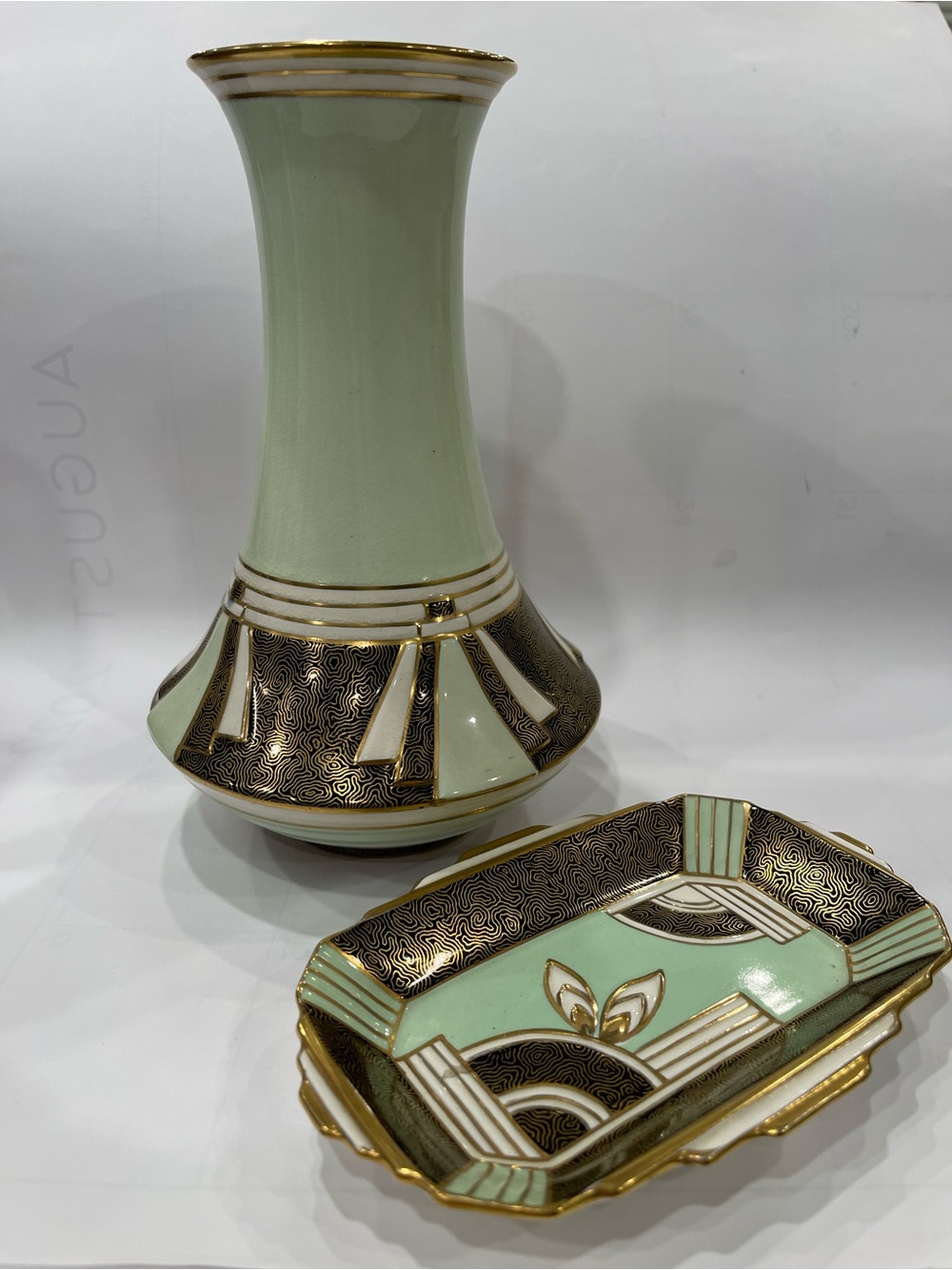 Rare Tuscan China Art Deco Gilt work and green on white Vase & tray set English